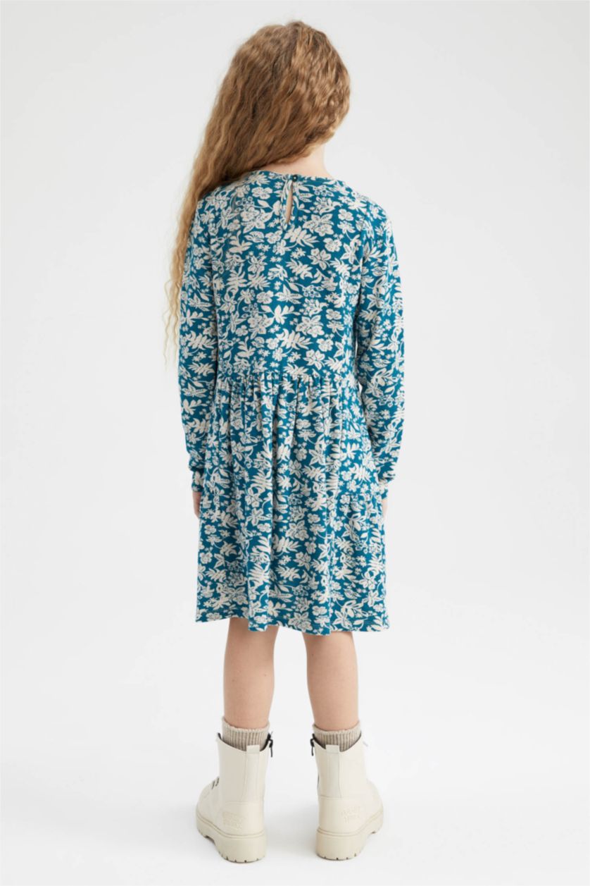 GIRLS & TEENS Dark Green Girl Patterned Long Sleeve Floral Dress