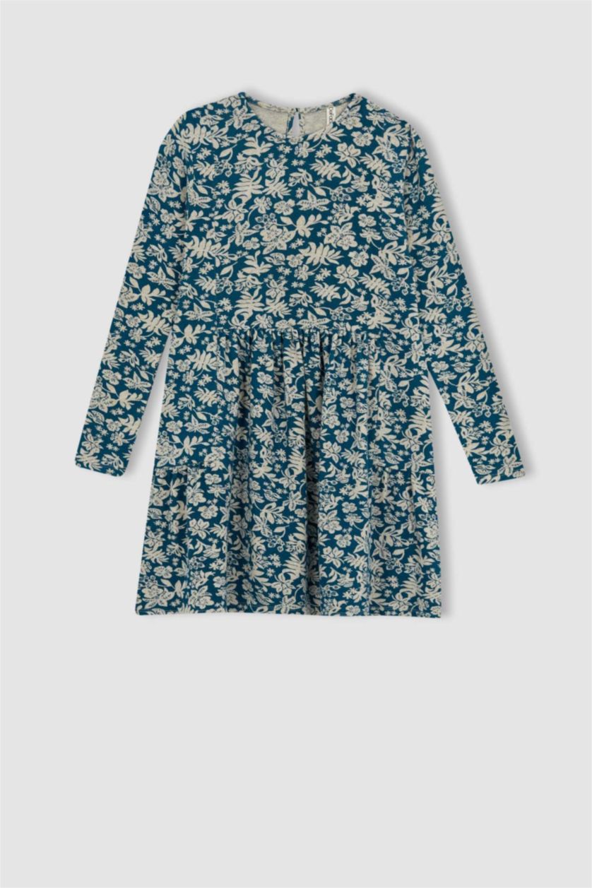 GIRLS & TEENS Dark Green Girl Patterned Long Sleeve Floral Dress