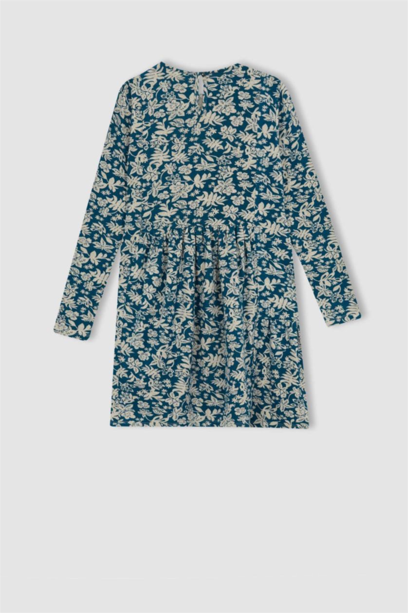 GIRLS & TEENS Dark Green Girl Patterned Long Sleeve Floral Dress