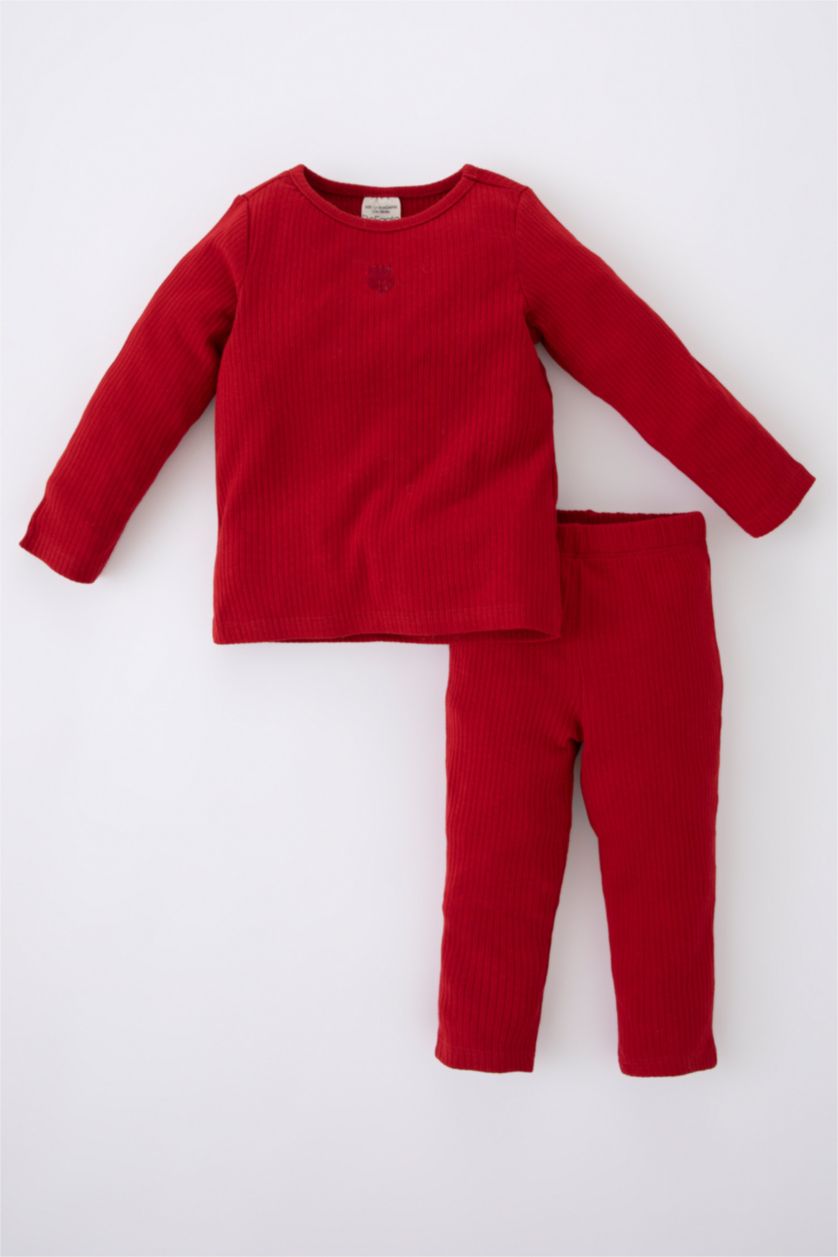 BABY GIRL Bordeaux 2 piece Regular Fit Crew Neck Embroidered Knitted Pyjamas