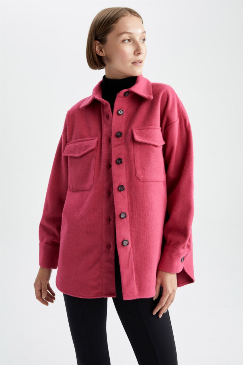 نساء فوشي قميص كم طويل قماش الفانيلا بياقة القميص