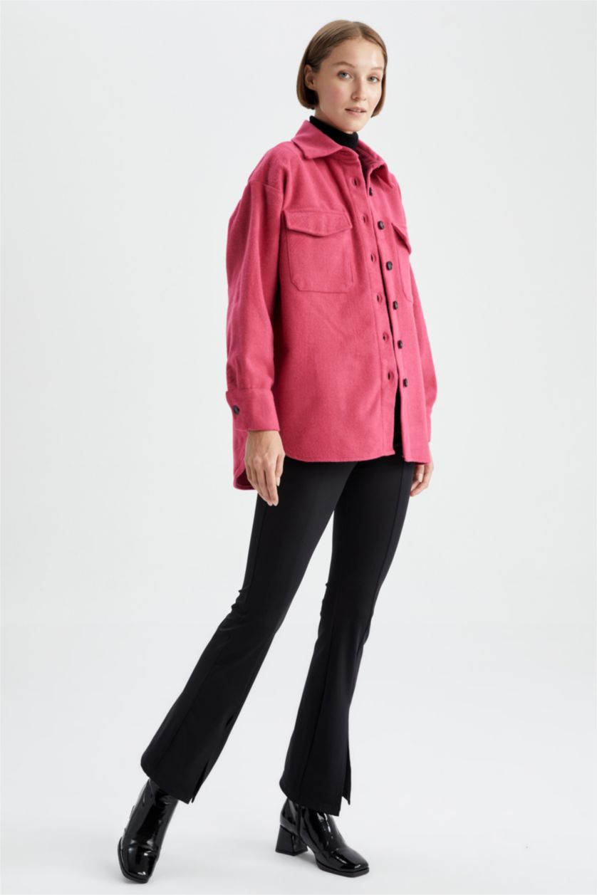 نساء فوشي قميص كم طويل قماش الفانيلا بياقة القميص