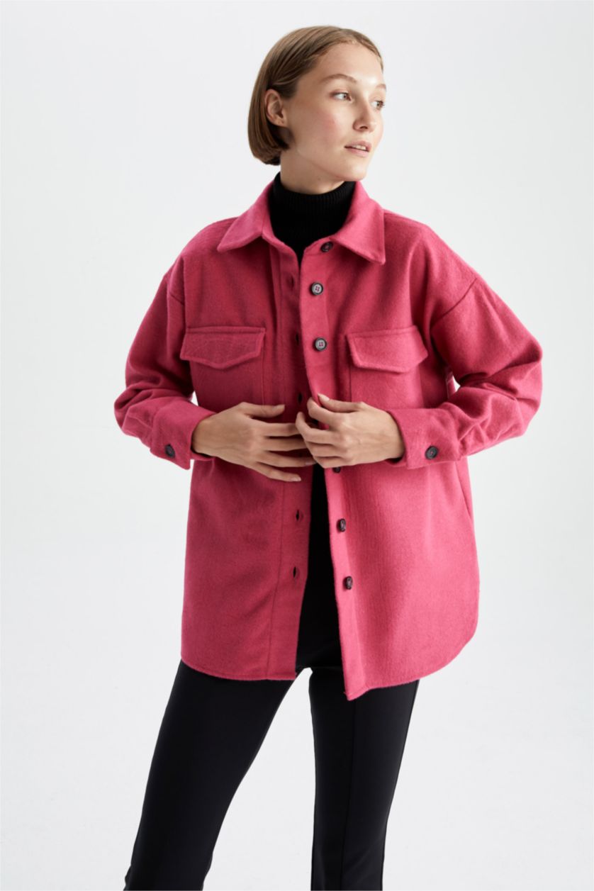 نساء فوشي قميص كم طويل قماش الفانيلا بياقة القميص