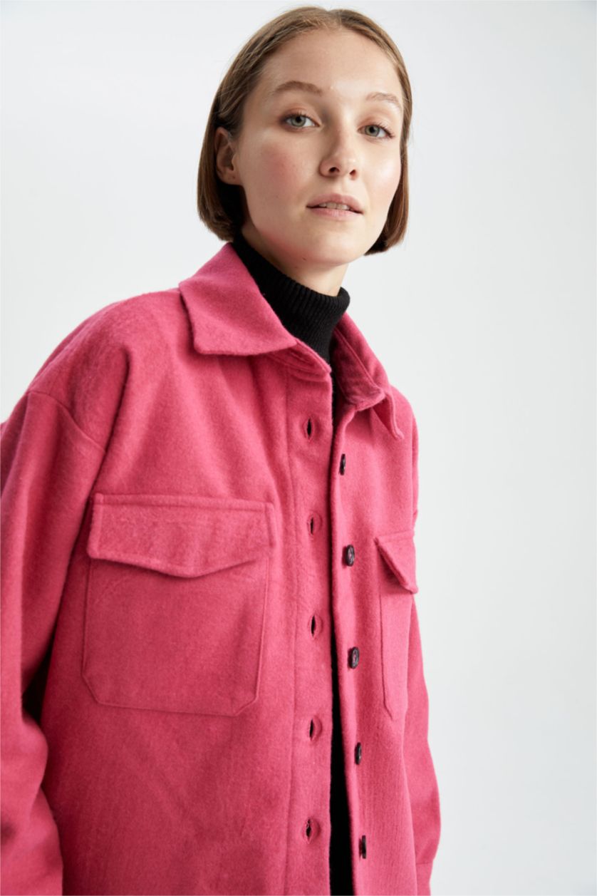 نساء فوشي قميص كم طويل قماش الفانيلا بياقة القميص