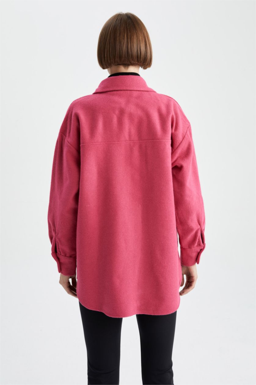 نساء فوشي قميص كم طويل قماش الفانيلا بياقة القميص