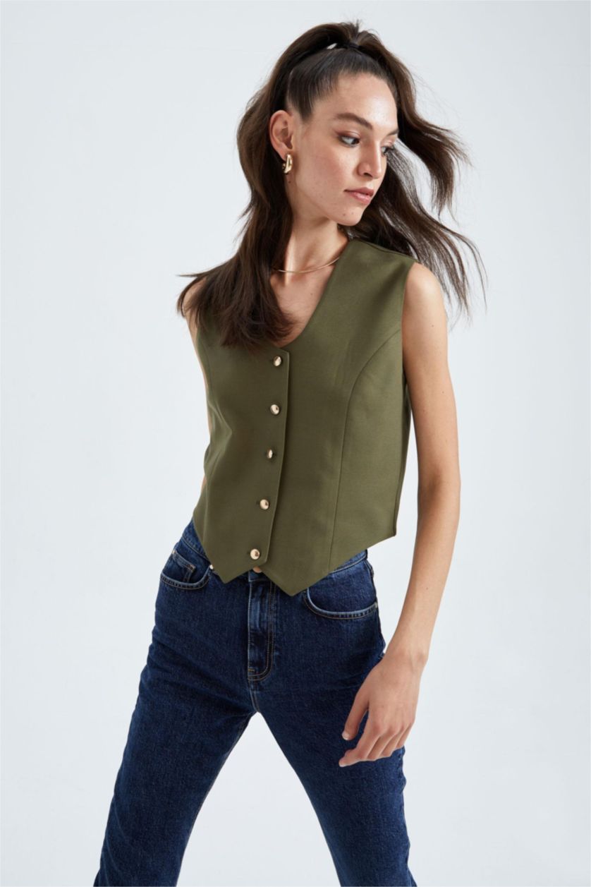 WOMAN Khaki Sorbet X Defacto Slim Fit Buttoned Vest