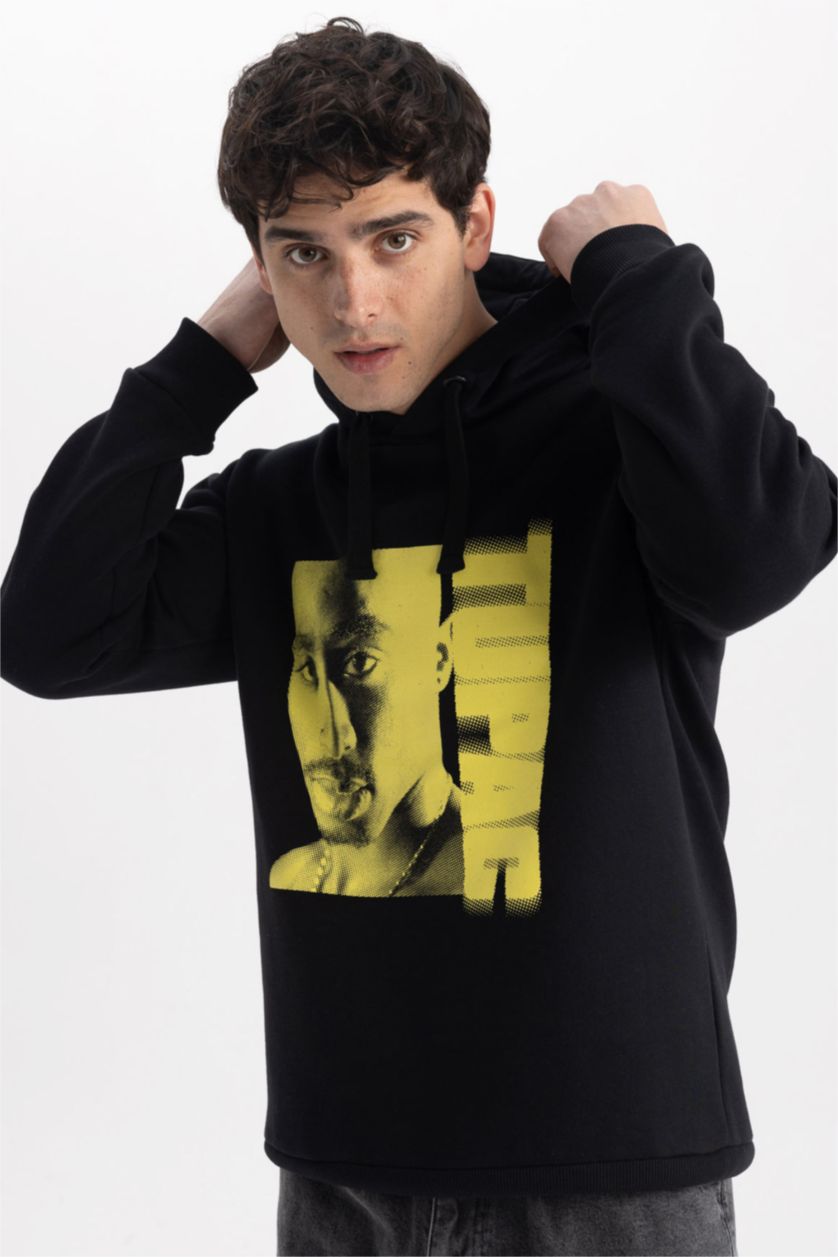Man Black Tupac Regular Fit Back Printed Hooded Sweatshirt