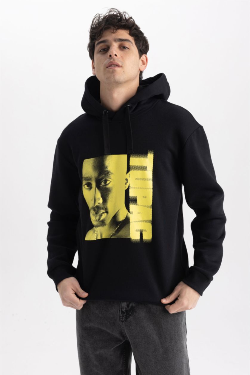Man Black Tupac Regular Fit Back Printed Hooded Sweatshirt