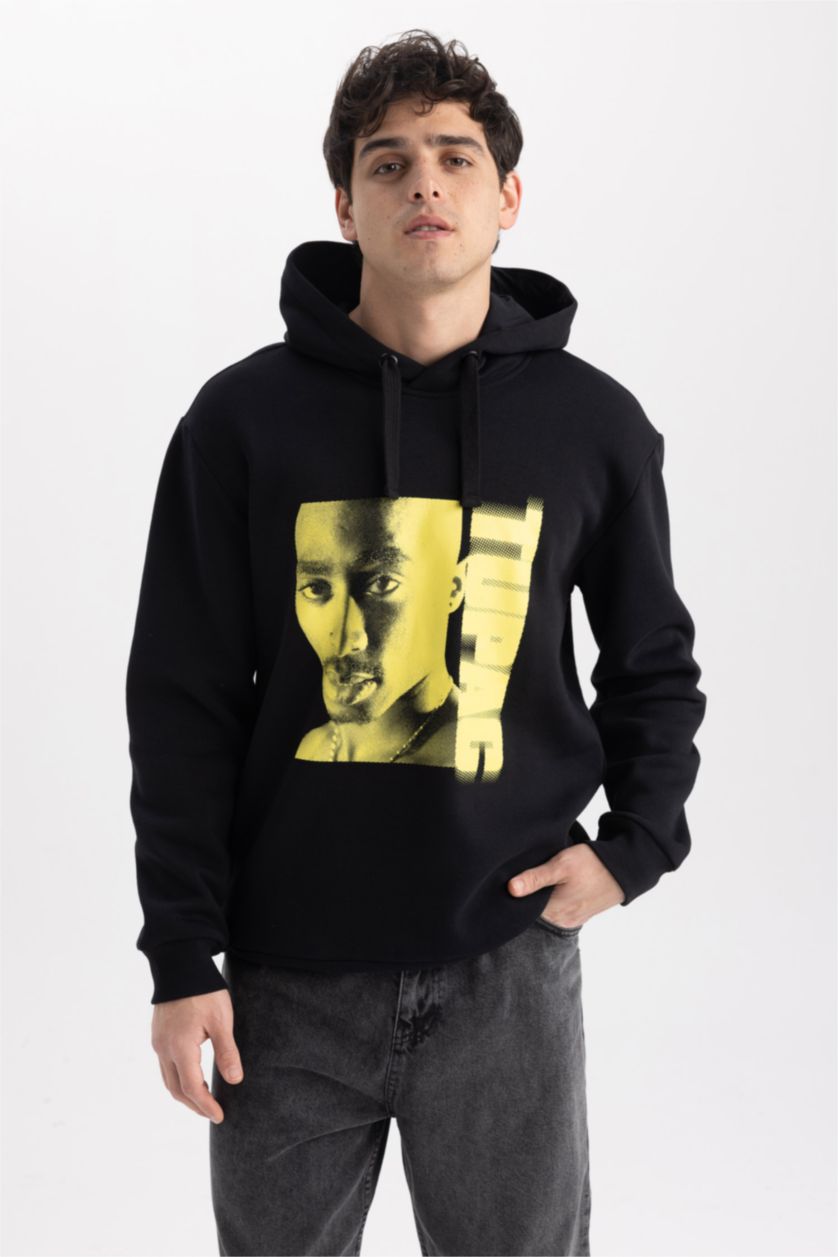 Man Black Tupac Regular Fit Back Printed Hooded Sweatshirt