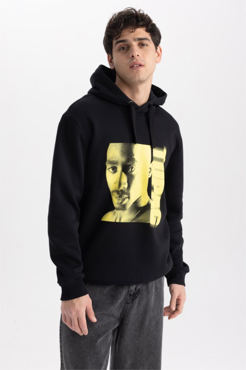 Man Black Tupac Regular Fit Back Printed Hooded Sweatshirt