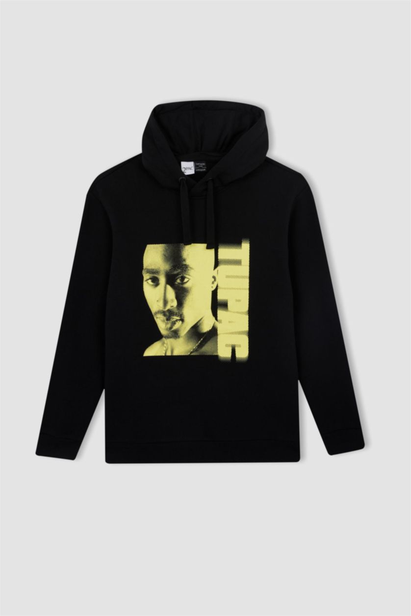 Man Black Tupac Regular Fit Back Printed Hooded Sweatshirt