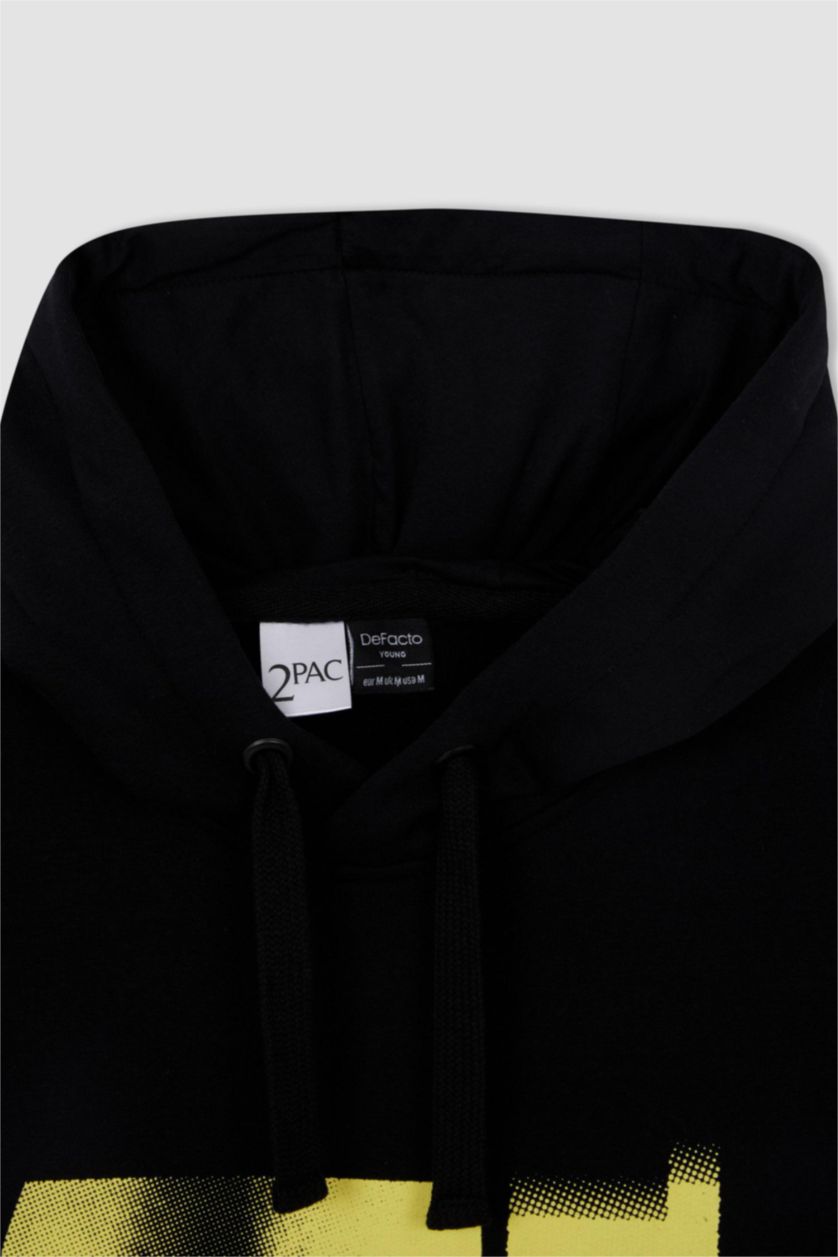 Man Black Tupac Regular Fit Back Printed Hooded Sweatshirt