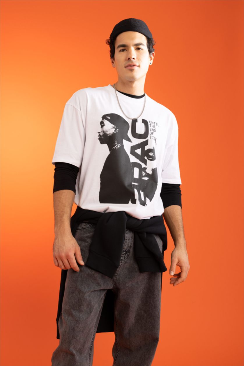 MAN White Tupac Licensed Oversize Crew Neck T-Shirt