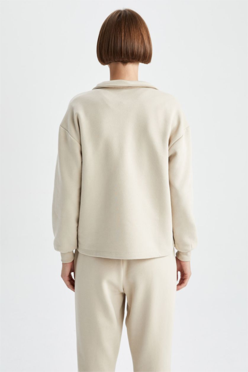 FEMME Beige Sweat- Shirt Coupe décontractée Col Polo Manche Longue