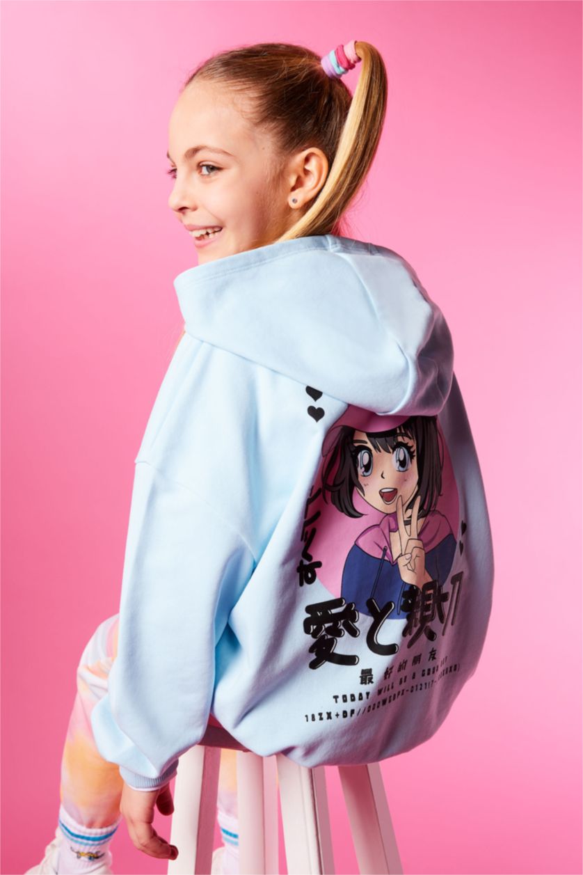 GIRLS & TEENS Light Turquoise Girls Oversize Fit Hoodie Printed Back Sweatshirt