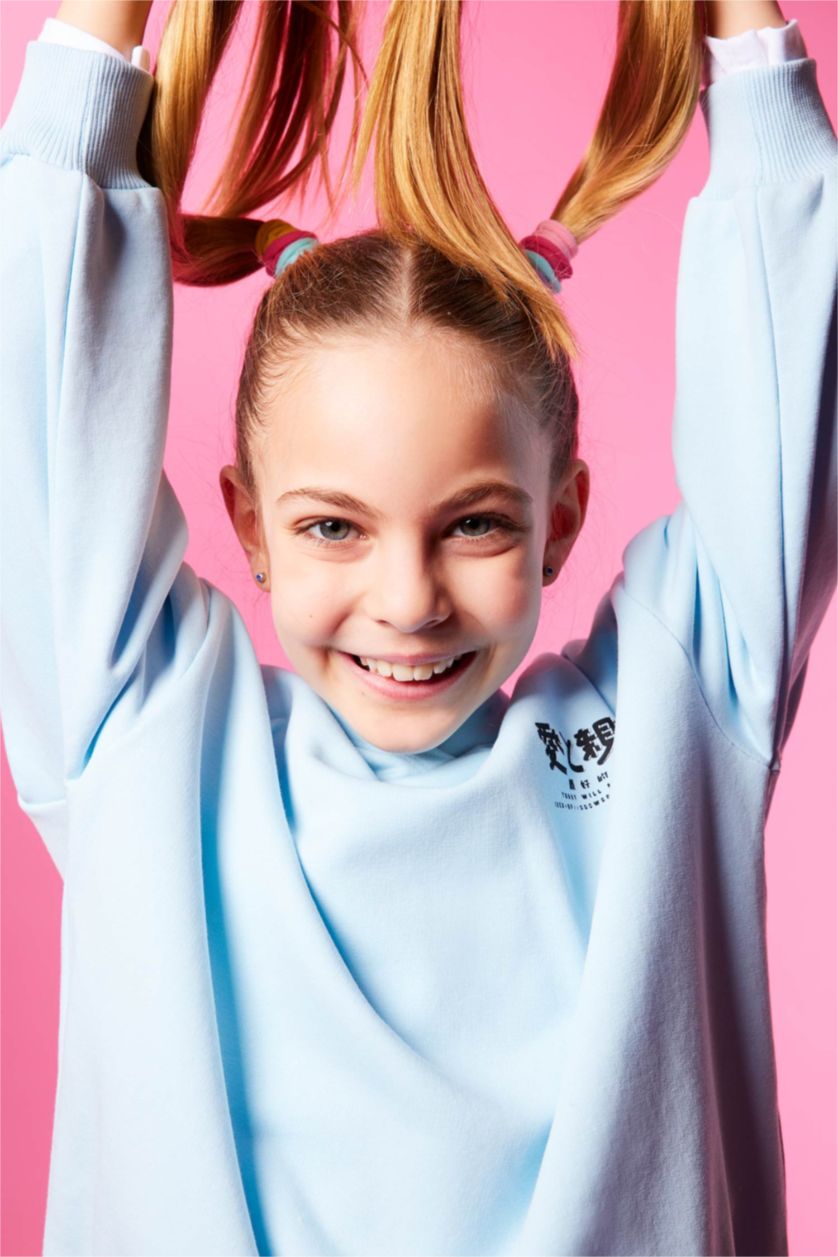 GIRLS & TEENS Light Turquoise Girls Oversize Fit Hoodie Printed Back Sweatshirt