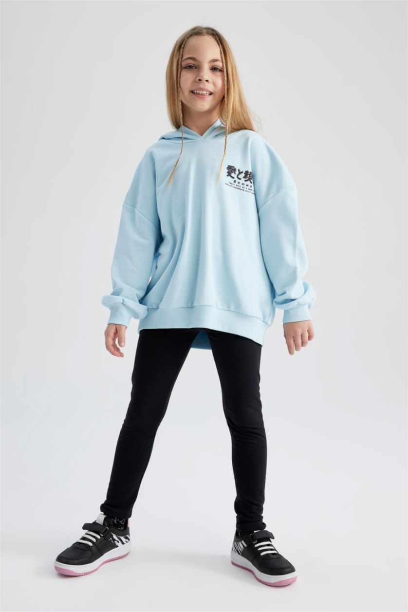 GIRLS & TEENS Light Turquoise Girls Oversize Fit Hoodie Printed Back Sweatshirt
