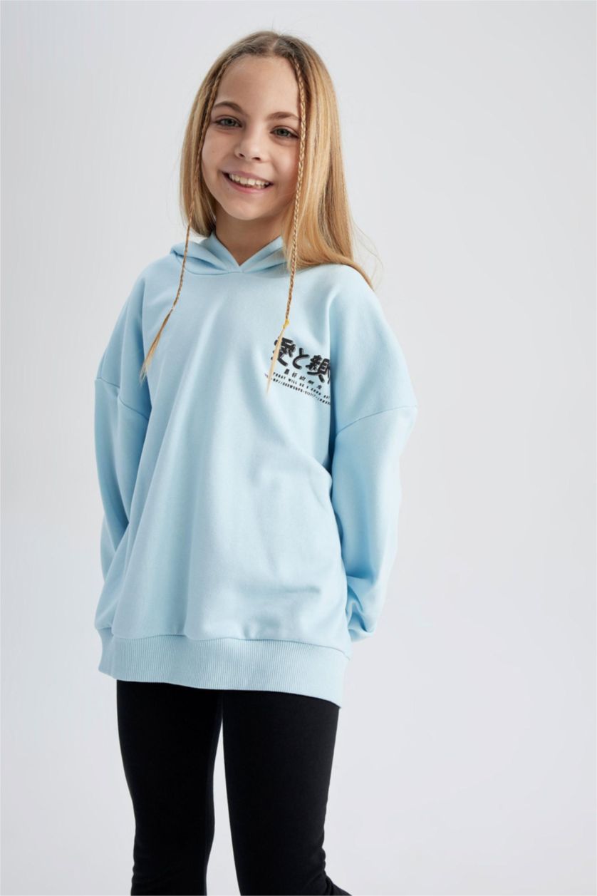 GIRLS & TEENS Light Turquoise Girls Oversize Fit Hoodie Printed Back Sweatshirt