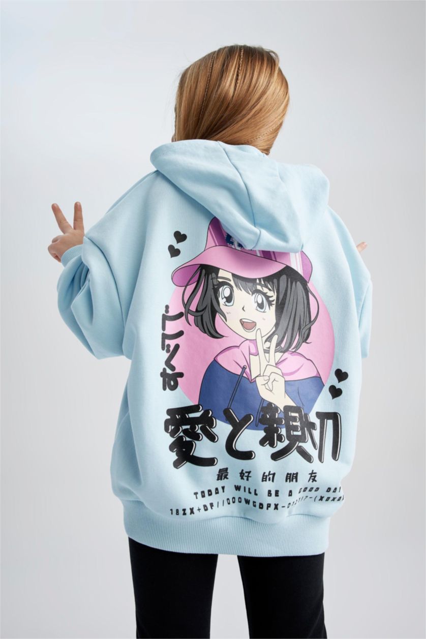 GIRLS & TEENS Light Turquoise Girls Oversize Fit Hoodie Printed Back Sweatshirt