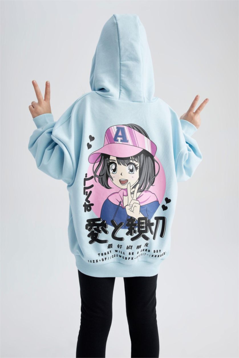 GIRLS & TEENS Light Turquoise Girls Oversize Fit Hoodie Printed Back Sweatshirt