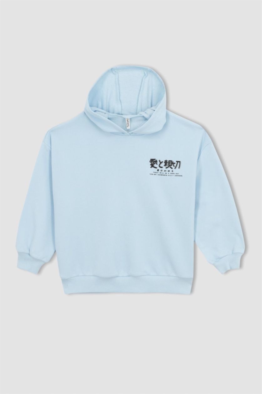 GIRLS & TEENS Light Turquoise Girls Oversize Fit Hoodie Printed Back Sweatshirt
