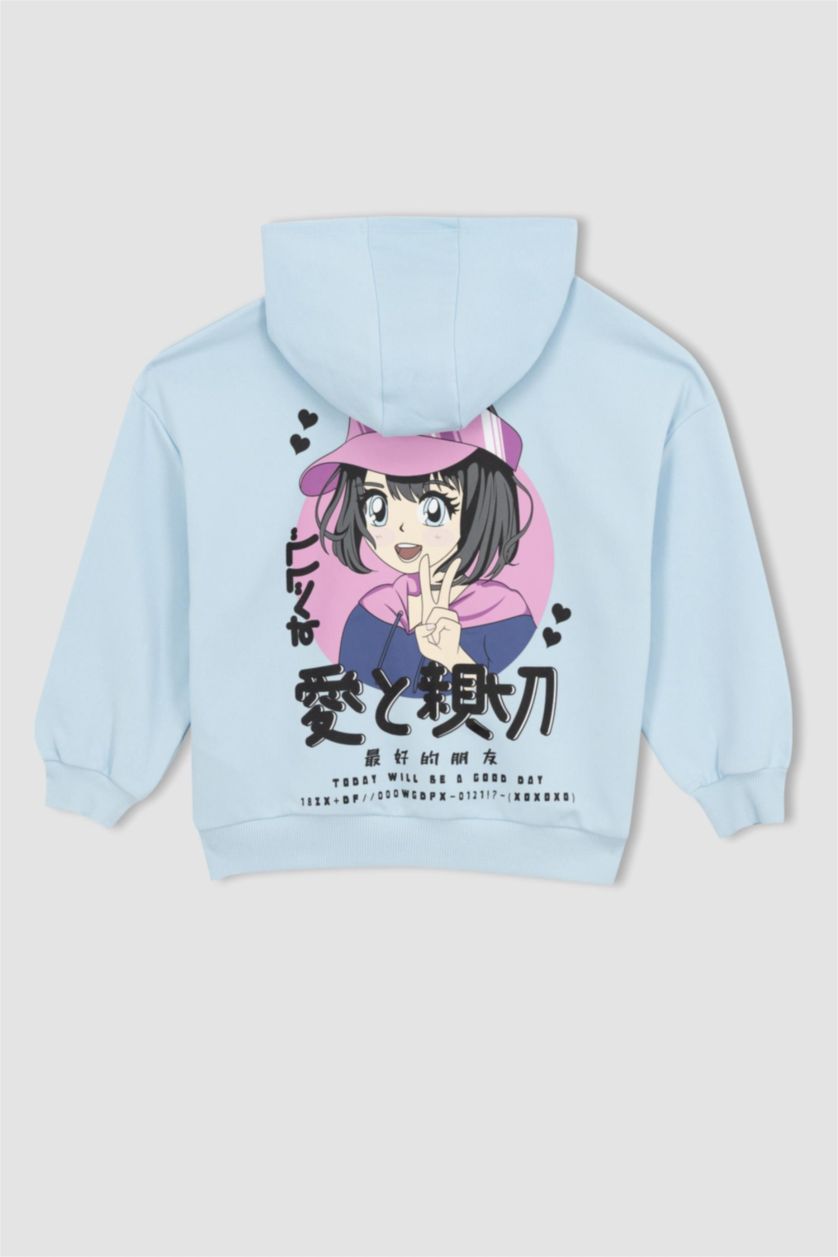 GIRLS & TEENS Light Turquoise Girls Oversize Fit Hoodie Printed Back Sweatshirt