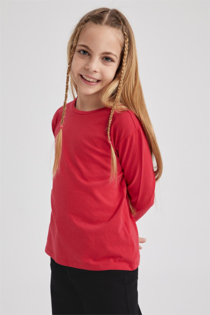 بناتي أحمر تي شيرت بناتي بيزك كم طويل