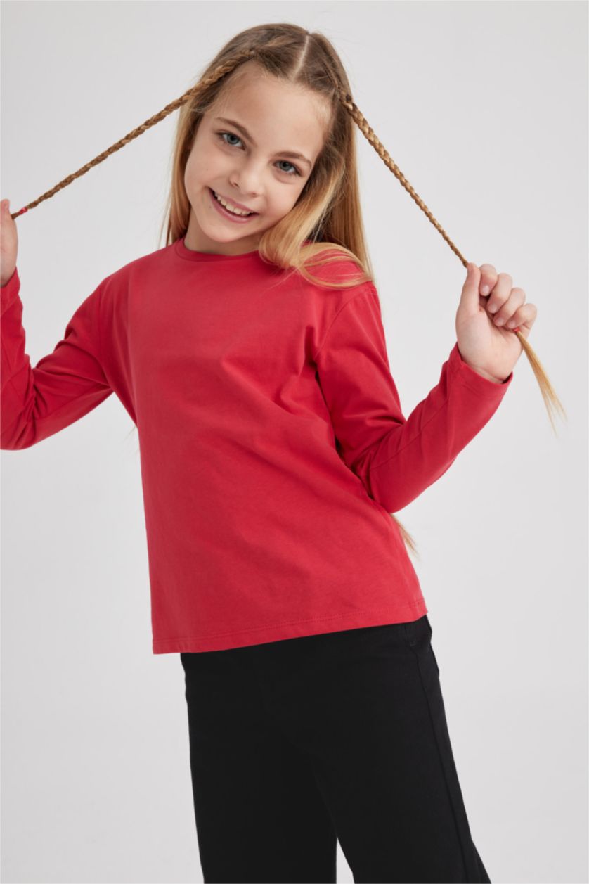 بناتي أحمر تي شيرت بناتي بيزك كم طويل