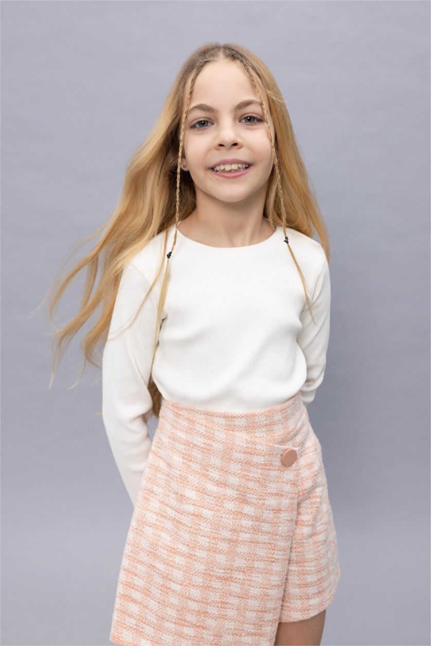 GIRLS & TEENS Ecru تيشيرت كم طويل مضلع سليم فيت