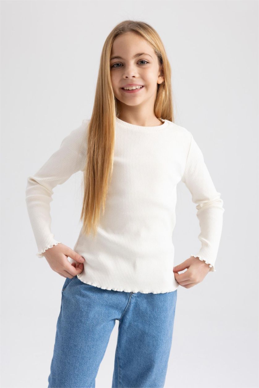 GIRLS & TEENS Ecru تيشيرت كم طويل مضلع سليم فيت