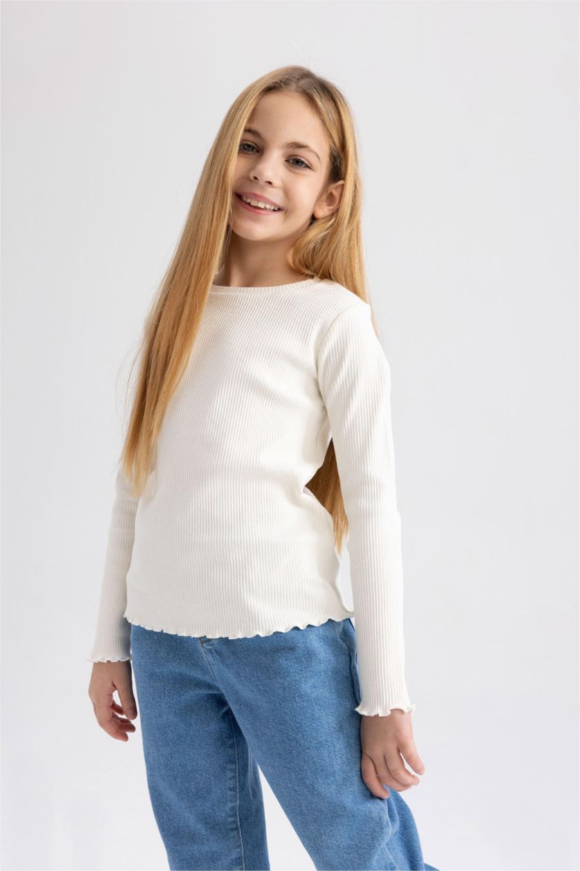 GIRLS & TEENS Ecru تيشيرت كم طويل مضلع سليم فيت
