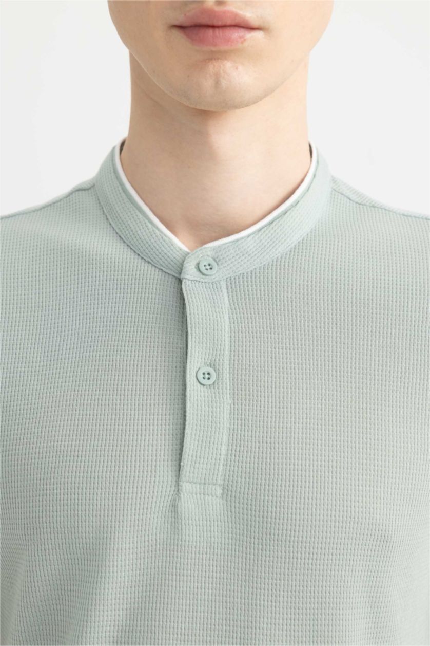 Erkek Açık Yeşil Modern Fıt Waffle Kısa Kollu Polo Tişört