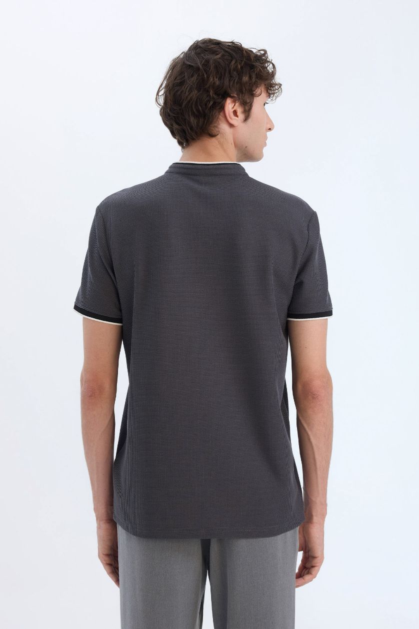 Erkek Antrasit Slim Fit Dar Kesim Dik Yaka Dokulu Kısa Kollu Waffle Polo Tişört