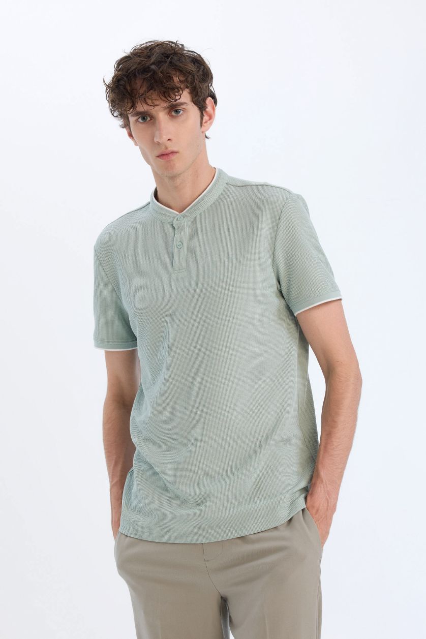 Erkek Açık Yeşil Slim Fit Dar Kesim Dik Yaka Kısa Kollu Waffle Tişört