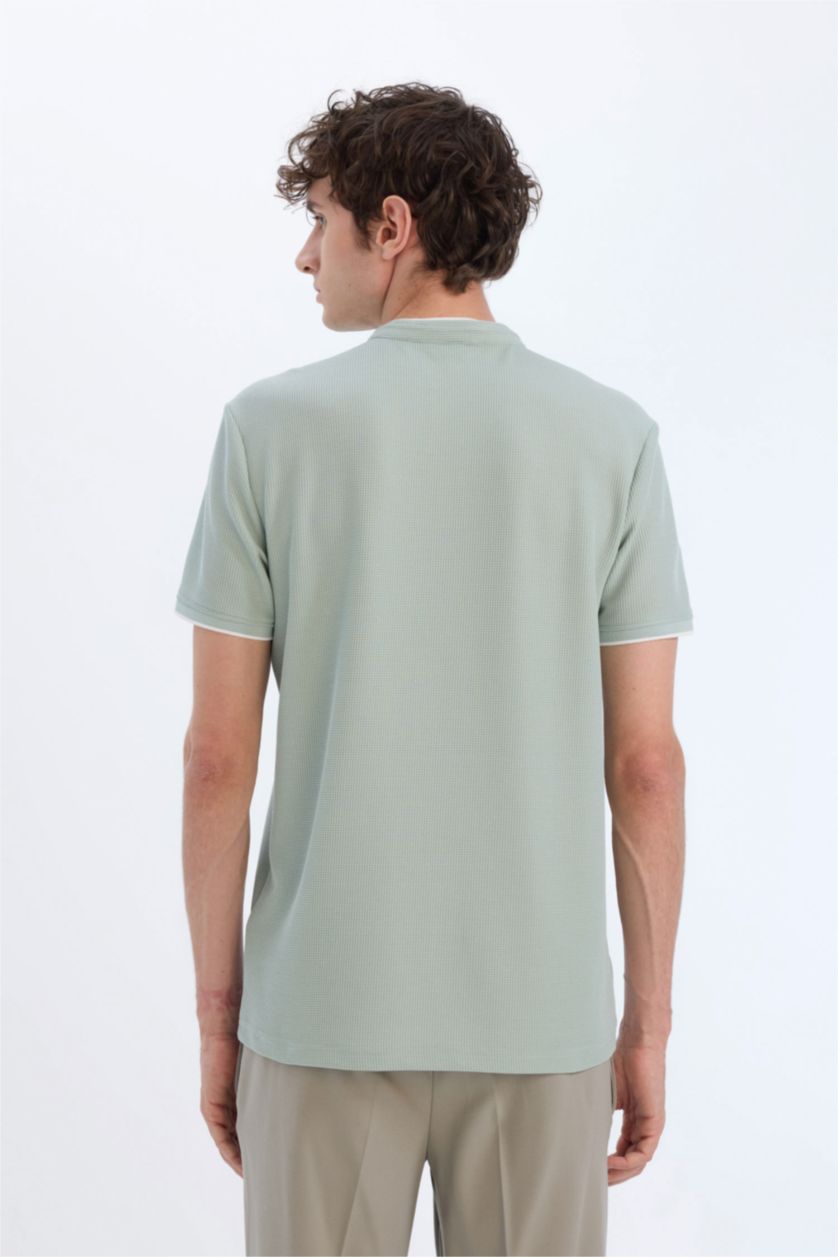 Erkek Açık Yeşil Slim Fit Dar Kesim Dik Yaka Kısa Kollu Waffle Tişört