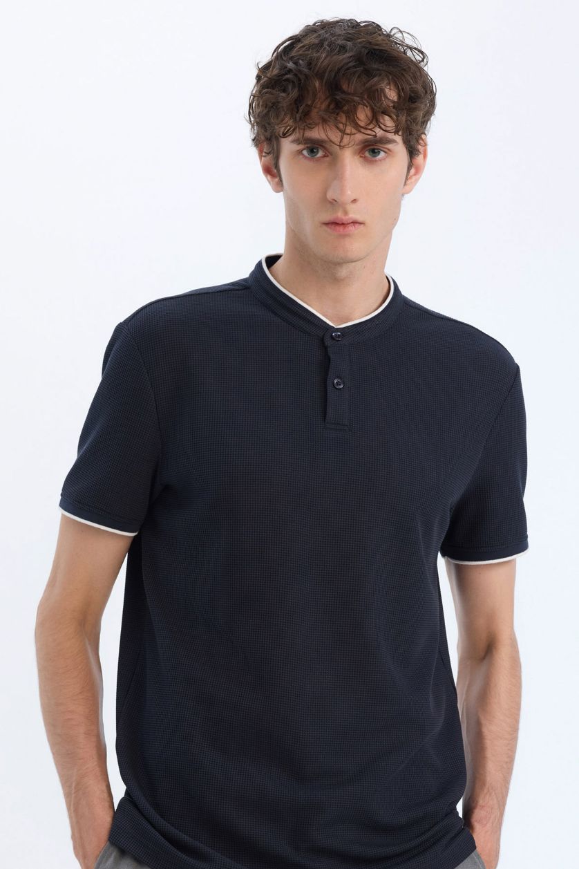Erkek Lacivert Slim Fit Dar Kesim Dik Yaka Dokulu Kısa Kollu Waffle Polo Tişört