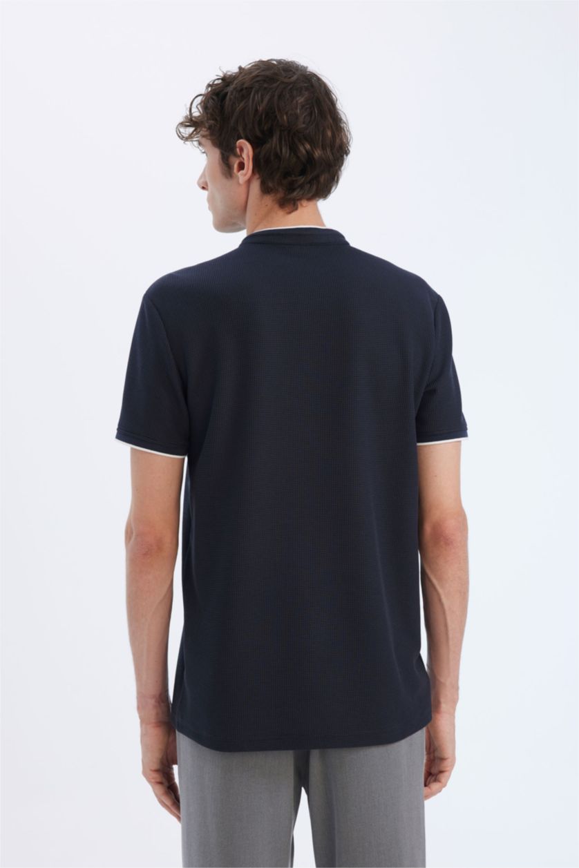 Erkek Lacivert Slim Fit Dar Kesim Dik Yaka Dokulu Kısa Kollu Waffle Polo Tişört