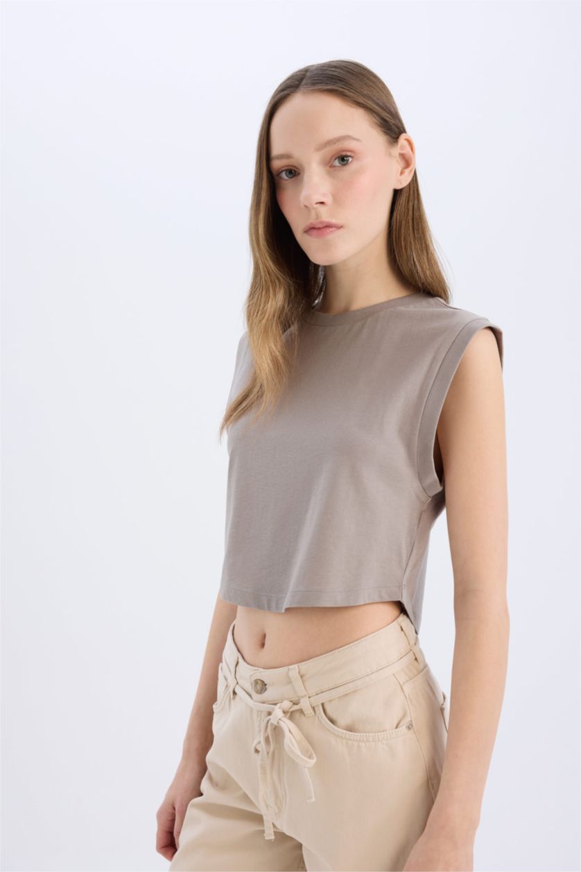 نساء رمادي تيشيرت كروب سادة قصة فضفاضة وياخة مستديرة