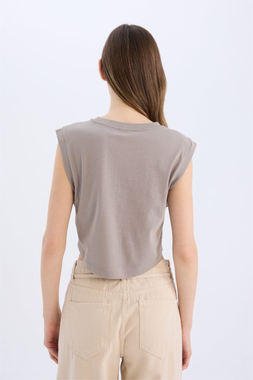 نساء رمادي تيشيرت كروب سادة قصة فضفاضة وياخة مستديرة