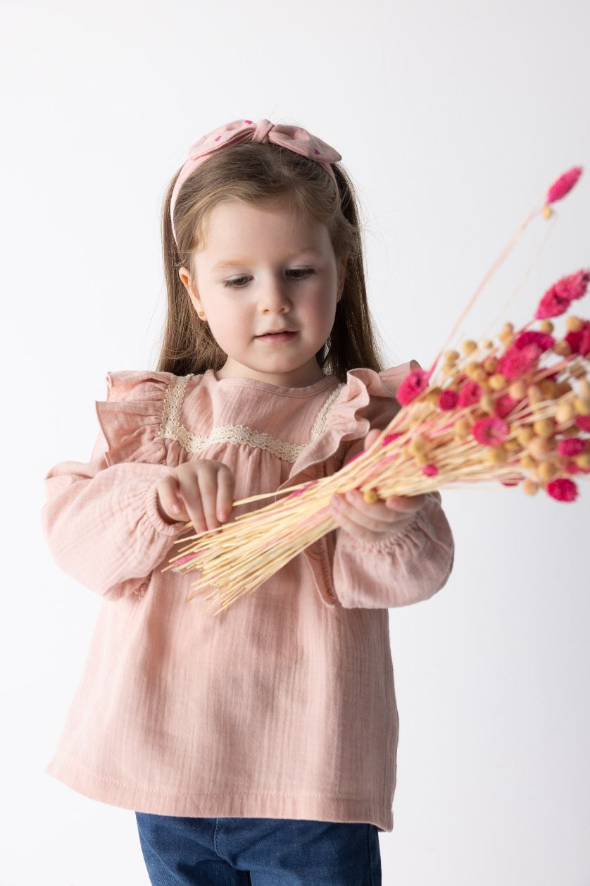 BÉBÉ FILLE Rose Chemise À Manches Longues En Mousseline À Col Rond Pour Bébé Fille