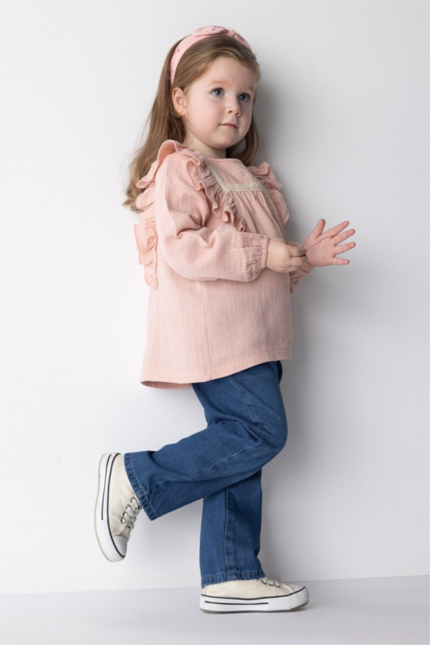 BÉBÉ FILLE Rose Chemise À Manches Longues En Mousseline À Col Rond Pour Bébé Fille