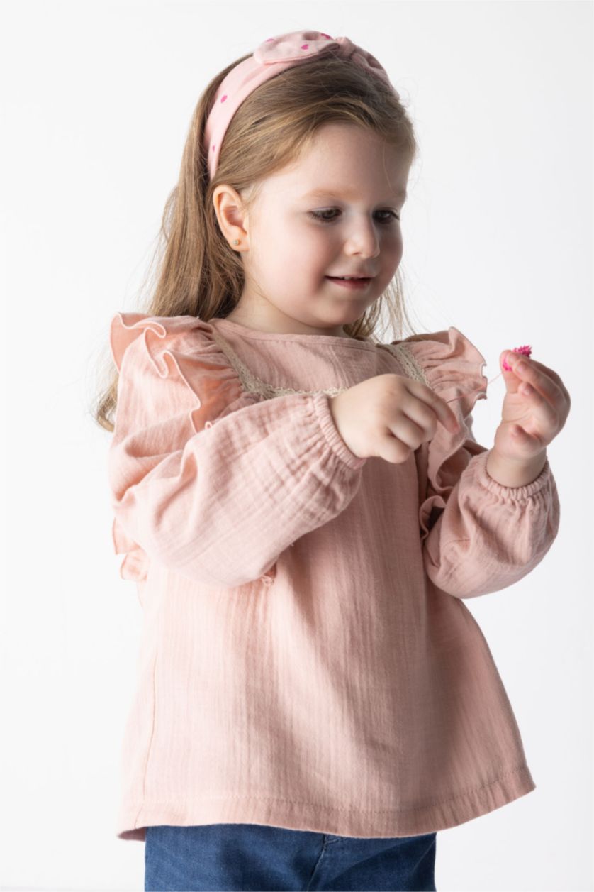 BÉBÉ FILLE Rose Chemise À Manches Longues En Mousseline À Col Rond Pour Bébé Fille