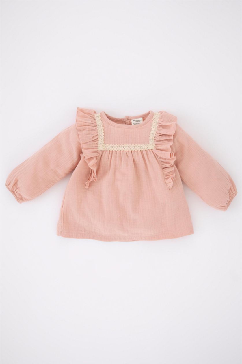 BÉBÉ FILLE Rose Chemise À Manches Longues En Mousseline À Col Rond Pour Bébé Fille