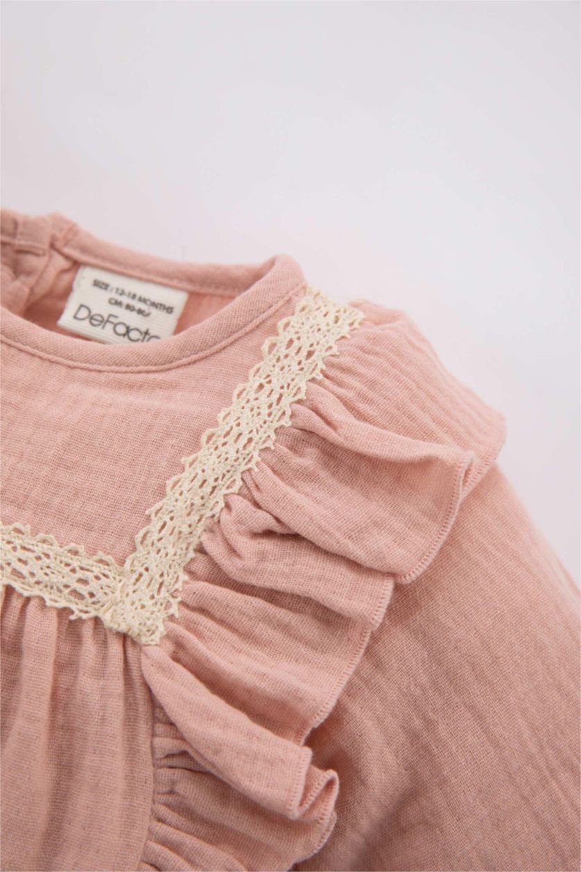 BÉBÉ FILLE Rose Chemise À Manches Longues En Mousseline À Col Rond Pour Bébé Fille