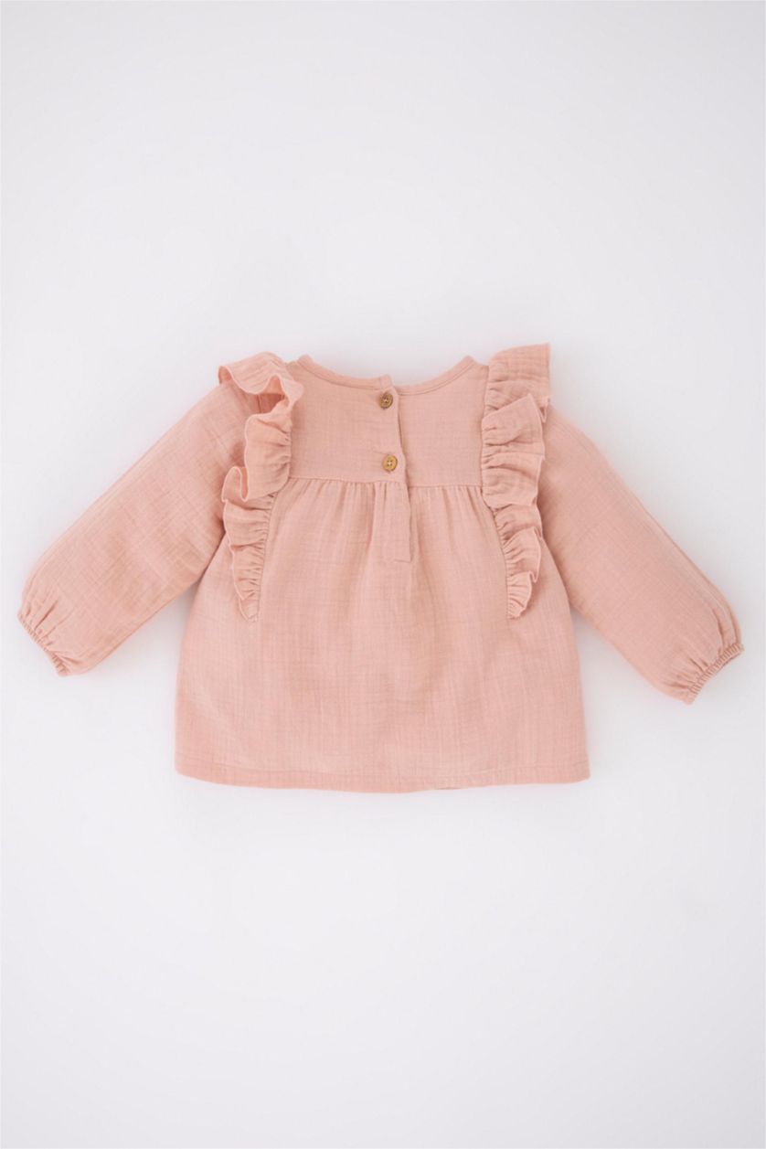 BÉBÉ FILLE Rose Chemise À Manches Longues En Mousseline À Col Rond Pour Bébé Fille
