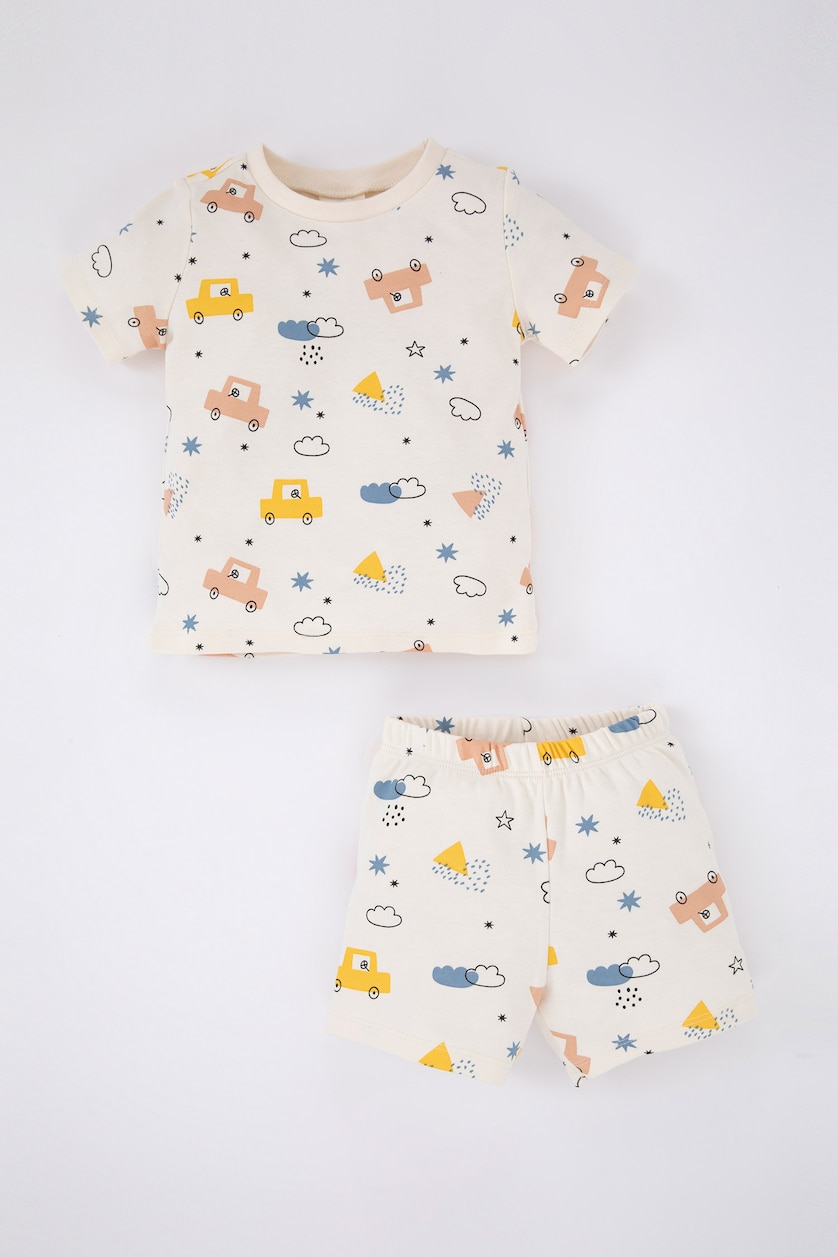 Erkek Bebek Ekru Erkek Bebek Pijama Takımı Desenli Ribana Organik Pamuk Kısa Kollu Üst Şort