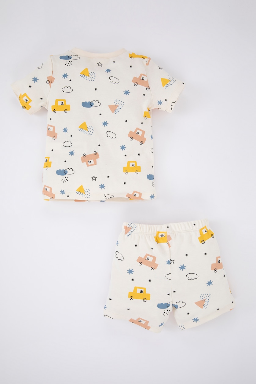 Erkek Bebek Ekru Erkek Bebek Pijama Takımı Desenli Ribana Organik Pamuk Kısa Kollu Üst Şort