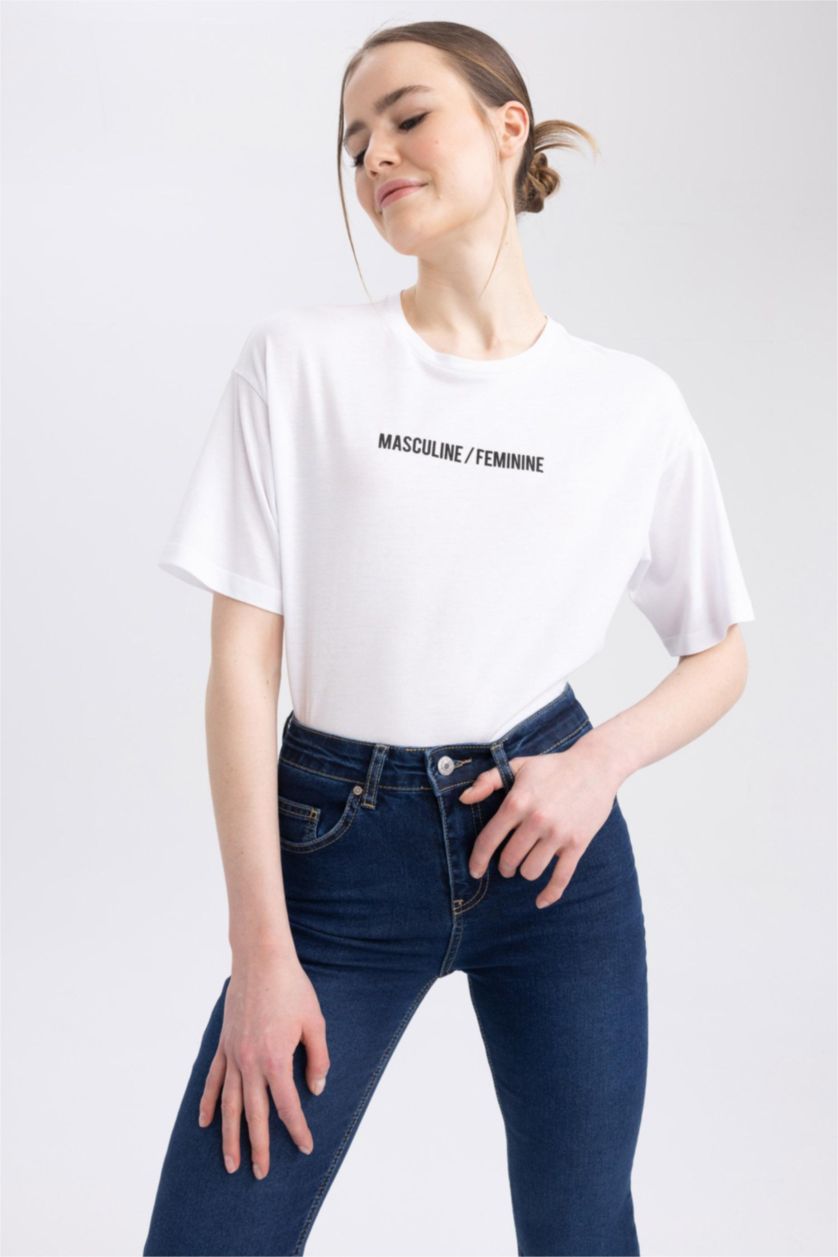 Kadın Beyaz Sorbe x DeFacto Bisiklet Yaka Baskılı Kısa Kollu Tişört