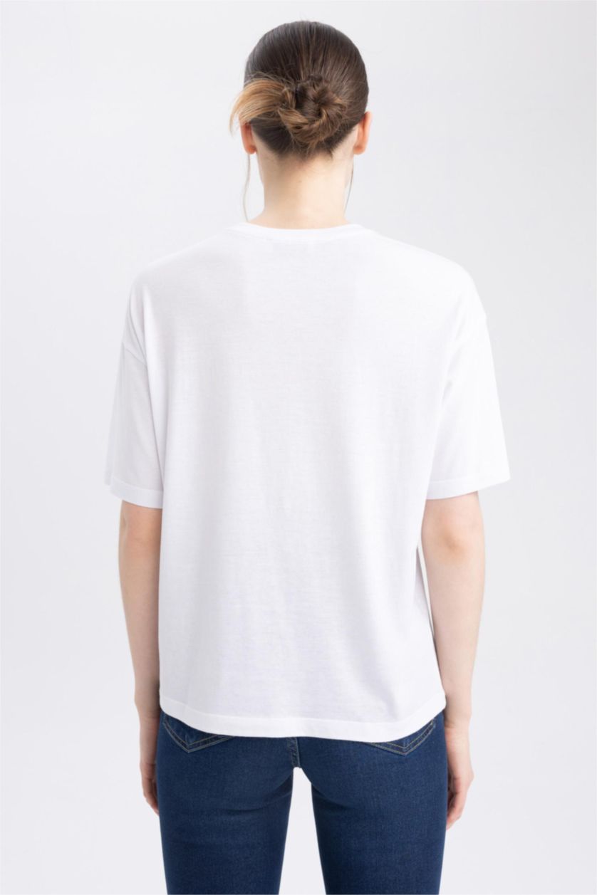 Kadın Beyaz Sorbe x DeFacto Bisiklet Yaka Baskılı Kısa Kollu Tişört