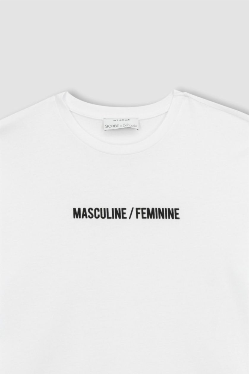 Kadın Beyaz Sorbe x DeFacto Bisiklet Yaka Baskılı Kısa Kollu Tişört